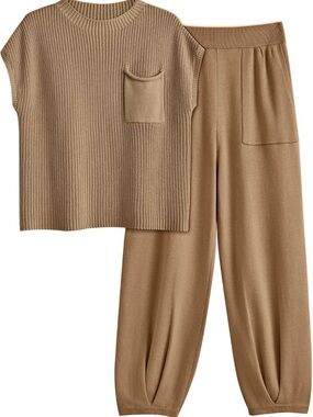 Two-Piece Knit Lounge Set in Camel